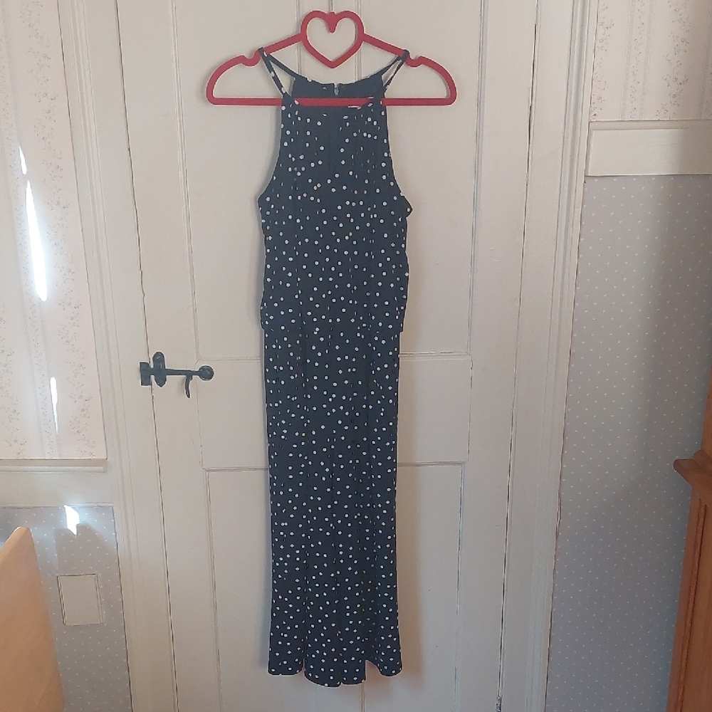 London Times Navy and White Polka Dot Jumpsuit